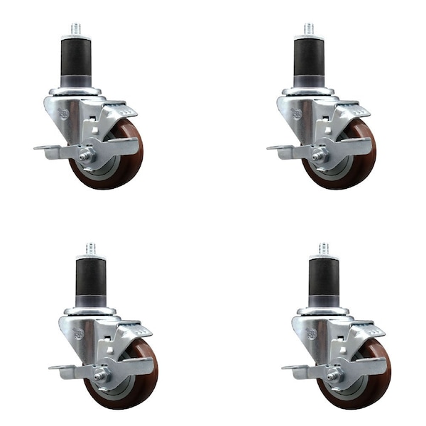 Service Caster 3'' SS Maroon Poly Swivel 1-5/8'' Expanding Stem Caster Set with Brake, 4PK SCC-SSEX20S314-PPUB-MRN-TLB-158-4 - main